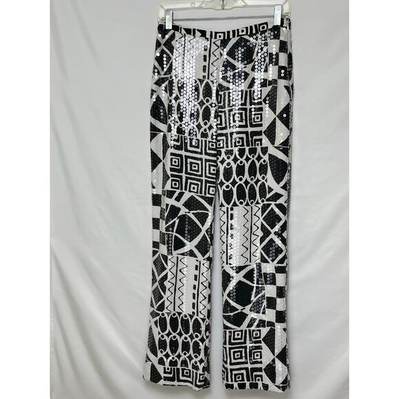 Cache Women's Size 8 Black/White Geo Print Sequin Side Zip Pants Retro 80s Disco - Picture 1 of 10